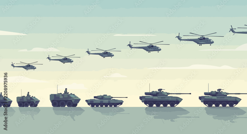 Obraz premium Military vehicles: tanks and helicopters formation illustration
