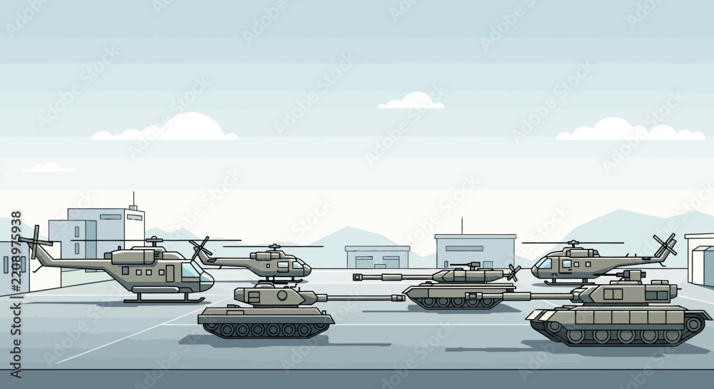 Obraz premium Military Vehicles: Tanks and Helicopters on a City Airport Base