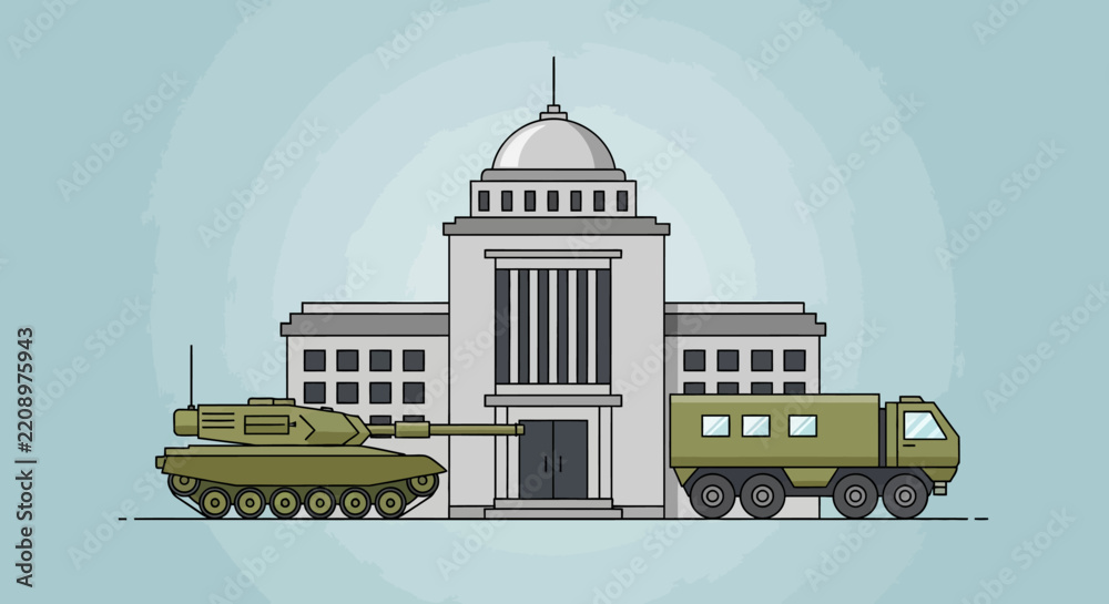Obraz premium Military Vehicles and Government Building Illustration