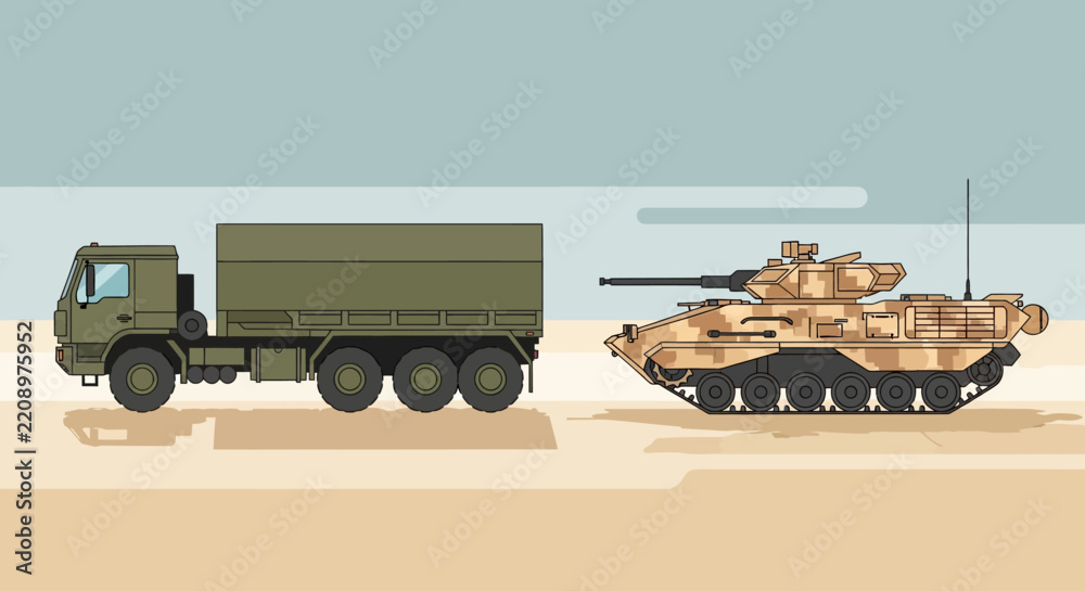 Obraz premium Military Vehicles: Truck and Armored Tank on Desert Background