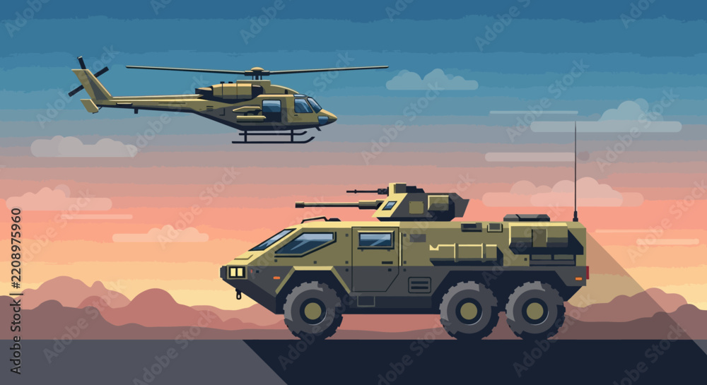 Obraz premium Military vehicles and helicopter against sunset sky, digital art