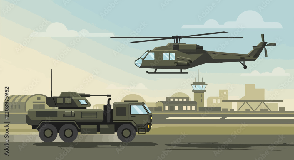 Obraz premium Military Vehicles and Helicopter at Airbase, Vector Illustration