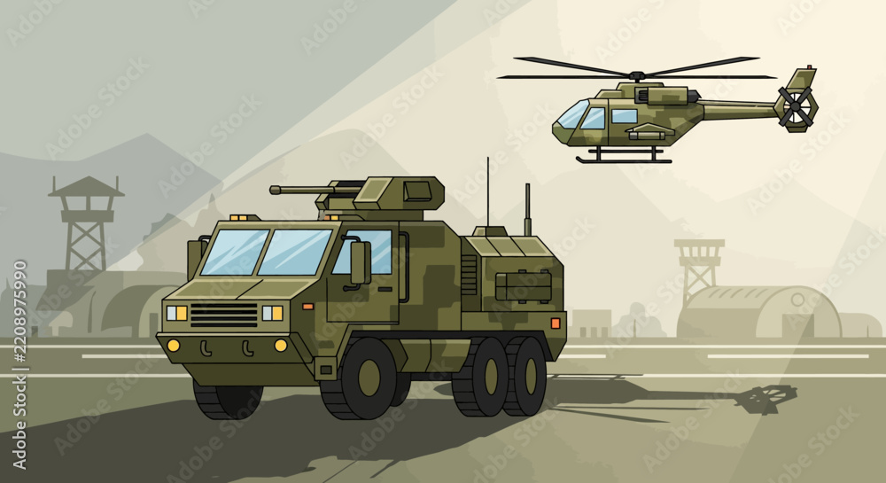 Obraz premium Military vehicles and helicopter on airfield, illustration
