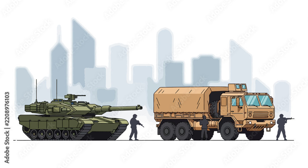 Obraz premium Military Vehicles and Soldiers in Urban Landscape
