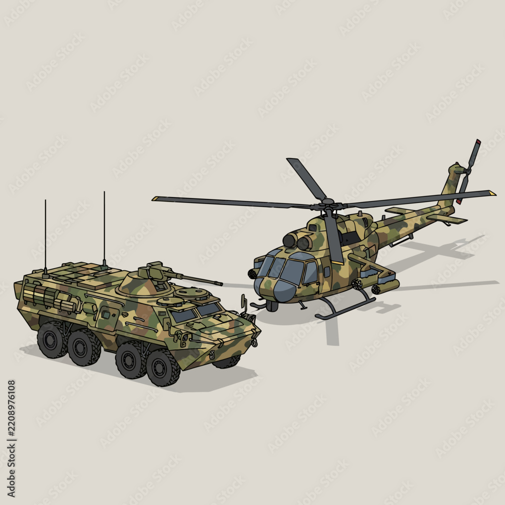 Obraz premium Military Vehicles: Armored Personnel Carrier and Attack Helicopter in Camouflage