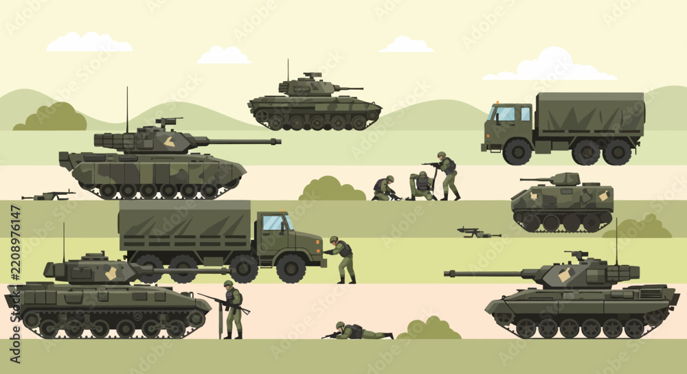 Obraz premium Military Vehicles and Soldiers in Vector Illustration