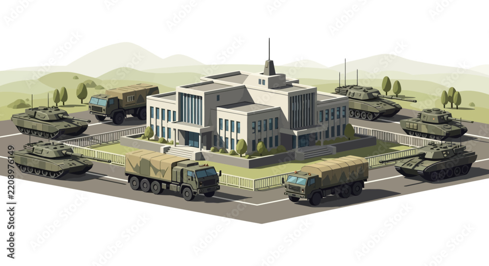 Obraz premium Military Vehicles Around Government Building Illustration