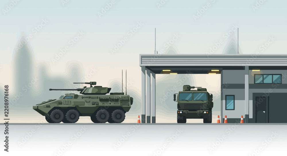 Obraz premium Military Vehicles at Entry Point: Armored Trucks, Defense Logistics, Surveillance Base