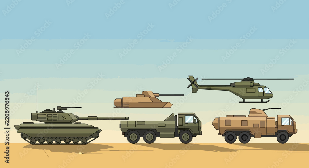Obraz premium Military Vehicles Illustration: Armored Tank, Helicopter, Trucks in Desert