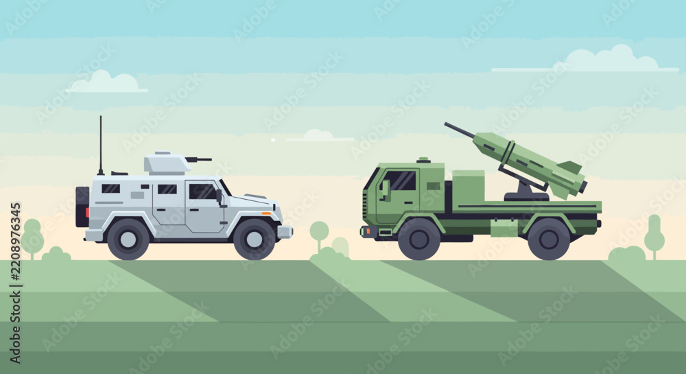 Obraz premium Military Vehicles Illustration: Armored Car & Missile Launcher