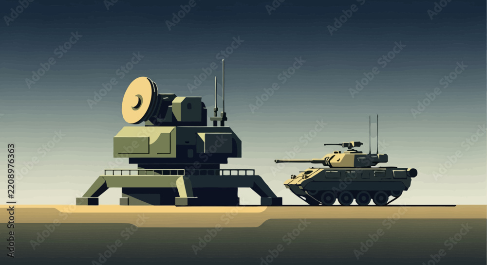 Obraz premium Military Vehicles Illustration: Radar System and Armored Tank on Terrain