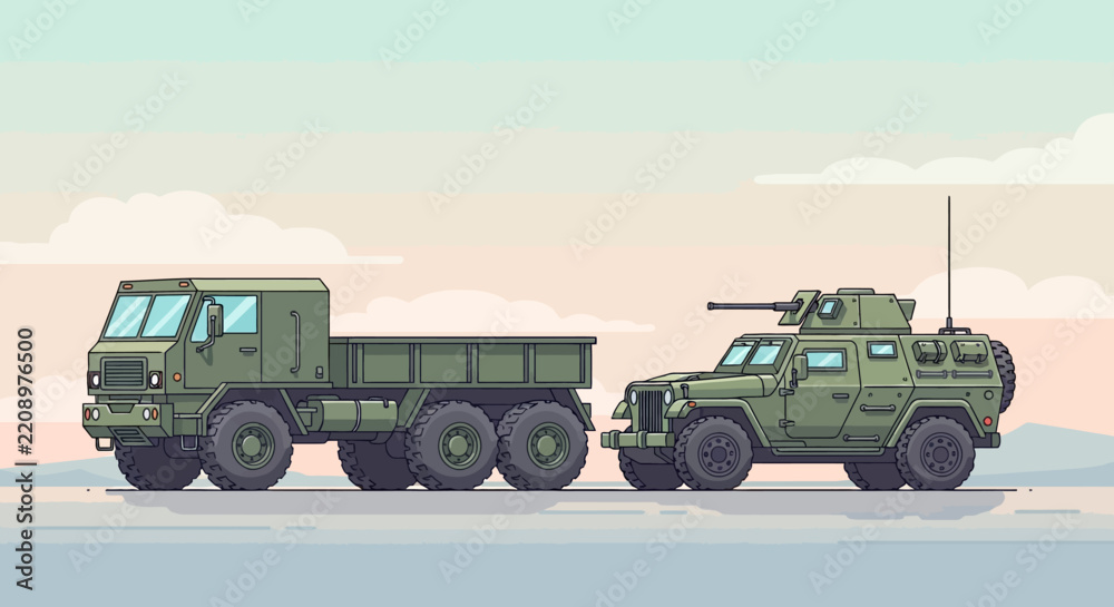 Obraz premium Military vehicles illustration: truck and armored car graphic