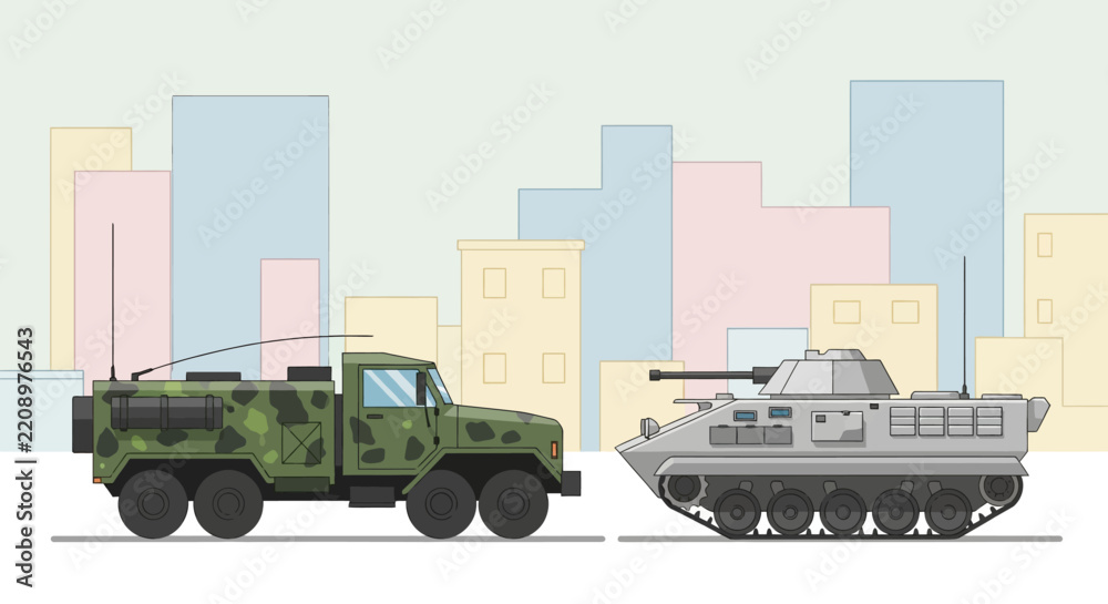 Obraz premium Military Vehicles in Cityscape: Armored Truck and Tank Illustration