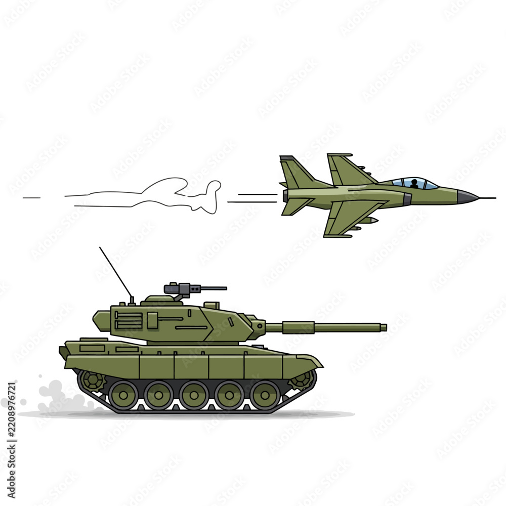 Obraz premium Military Vehicles: Tank and Fighter Jet Illustration