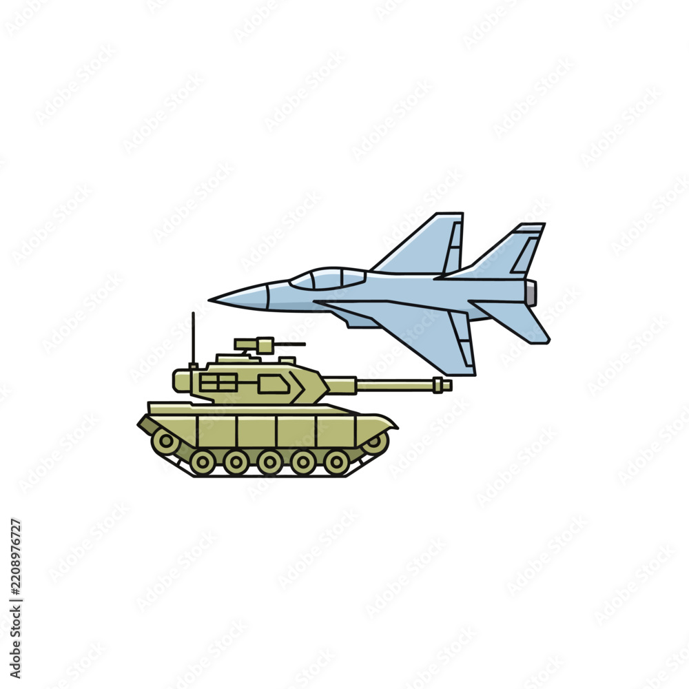 Obraz premium Military Vehicles: Tank and Fighter Jet Illustration