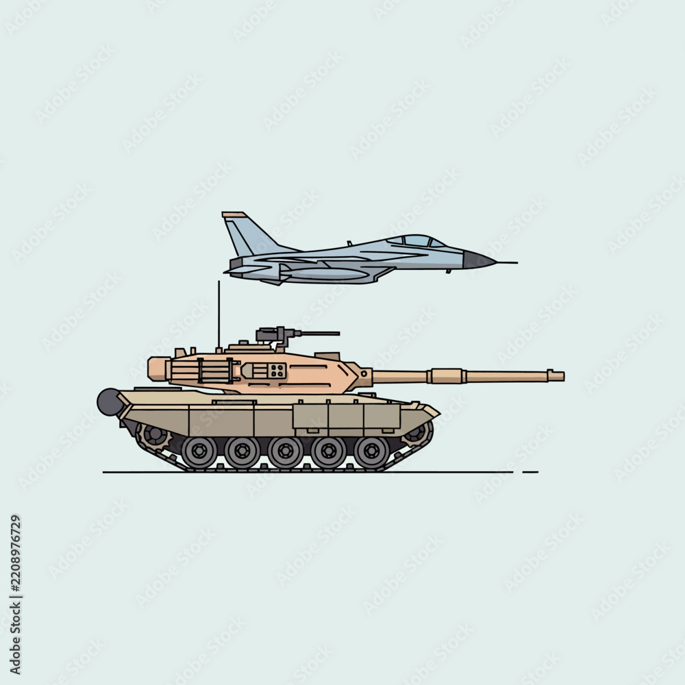 Obraz premium Military Vehicles: Tank and Fighter Jet Against Clear Background