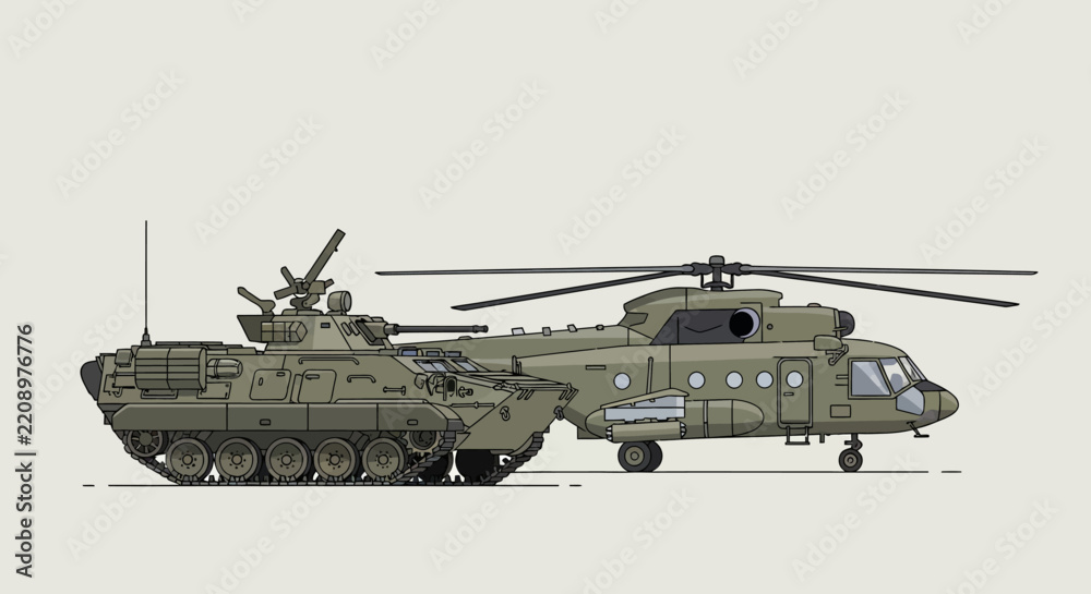 Obraz premium Military Vehicles: Tank and Helicopter Illustration