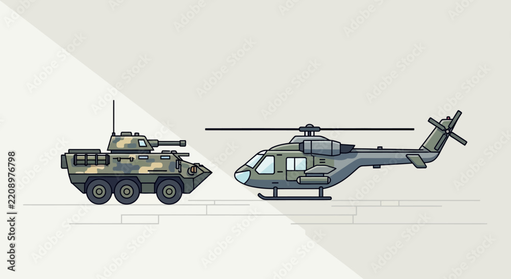 Obraz premium Military Vehicles: Tank and Helicopter Illustration