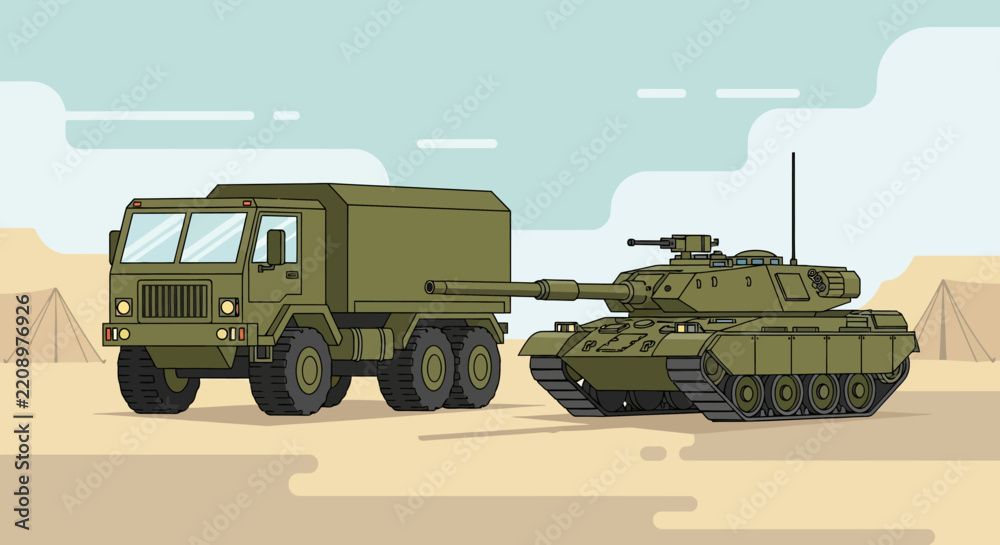 Obraz premium Military Vehicles: Tank and Transport Truck in Desert Landscape