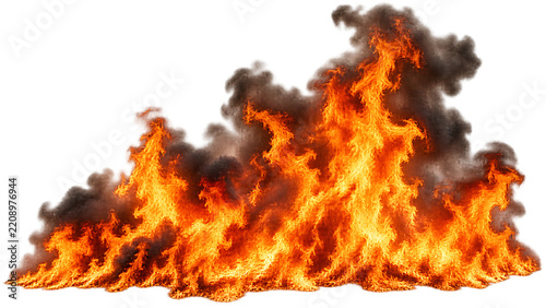 Active wildfire flames and dark smoke for forest fire emergency and climate disaster concepts