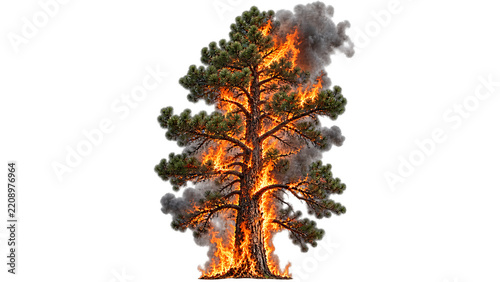 Burning pine tree during wildfire for forest fire risk and environmental disaster concepts