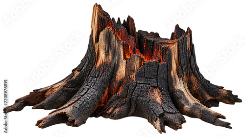 Charred burned tree stump after wildfire for forest fire aftermath and habitat destruction concepts