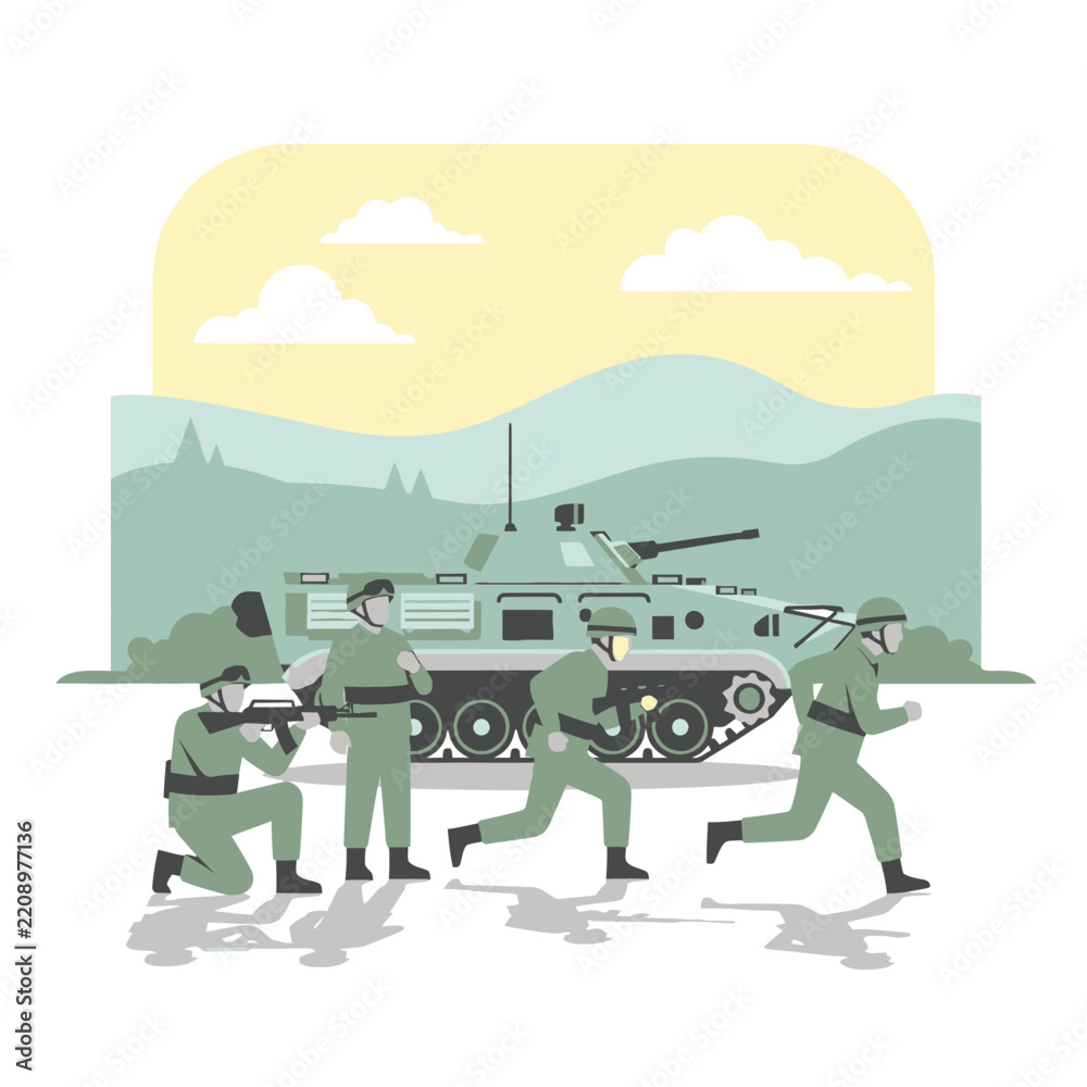 Obraz premium Modern Army soldiers advancing with tank, military operation, battlefield