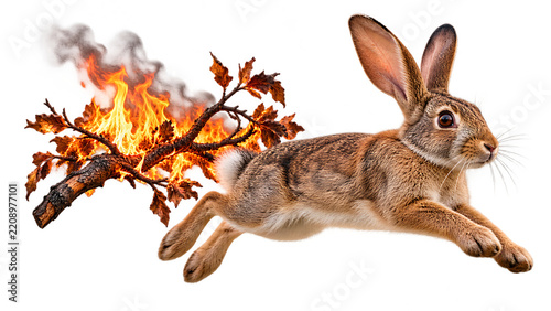 Wild rabbit escaping burning vegetation during wildfire for wildlife displacement and habitat loss