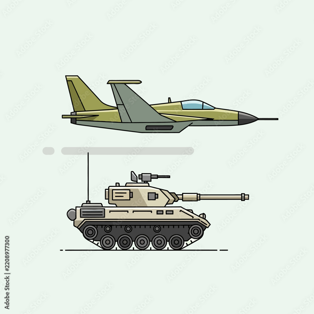 Obraz premium Modern Military Battle Jet and Tank - Flat Vector Illustration