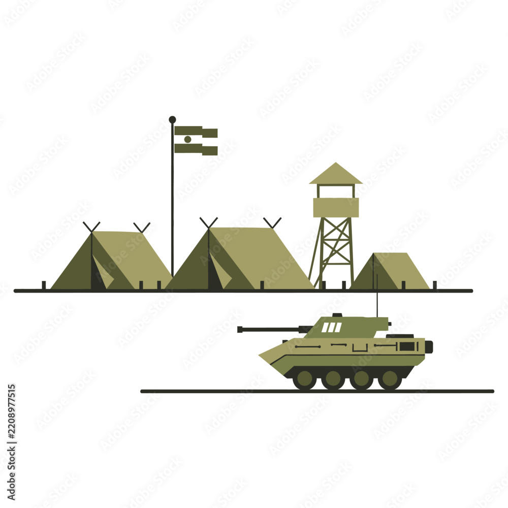 Obraz premium Minimalistic Military Camp Scene with Tank, Tents, and Observation Tower