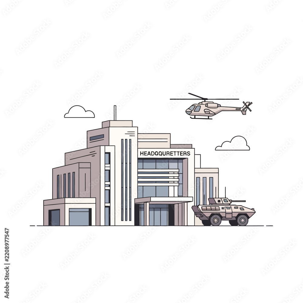 Obraz premium Modern military headquarters building with armored vehicle and helicopter
