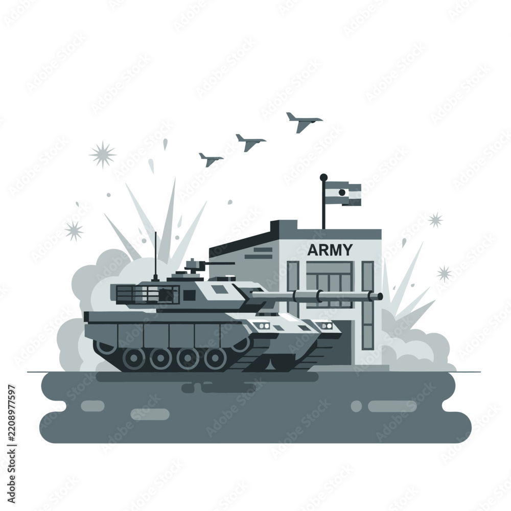 Obraz premium Modern Army Tank at Base with Fighter Jets Flying Overhead