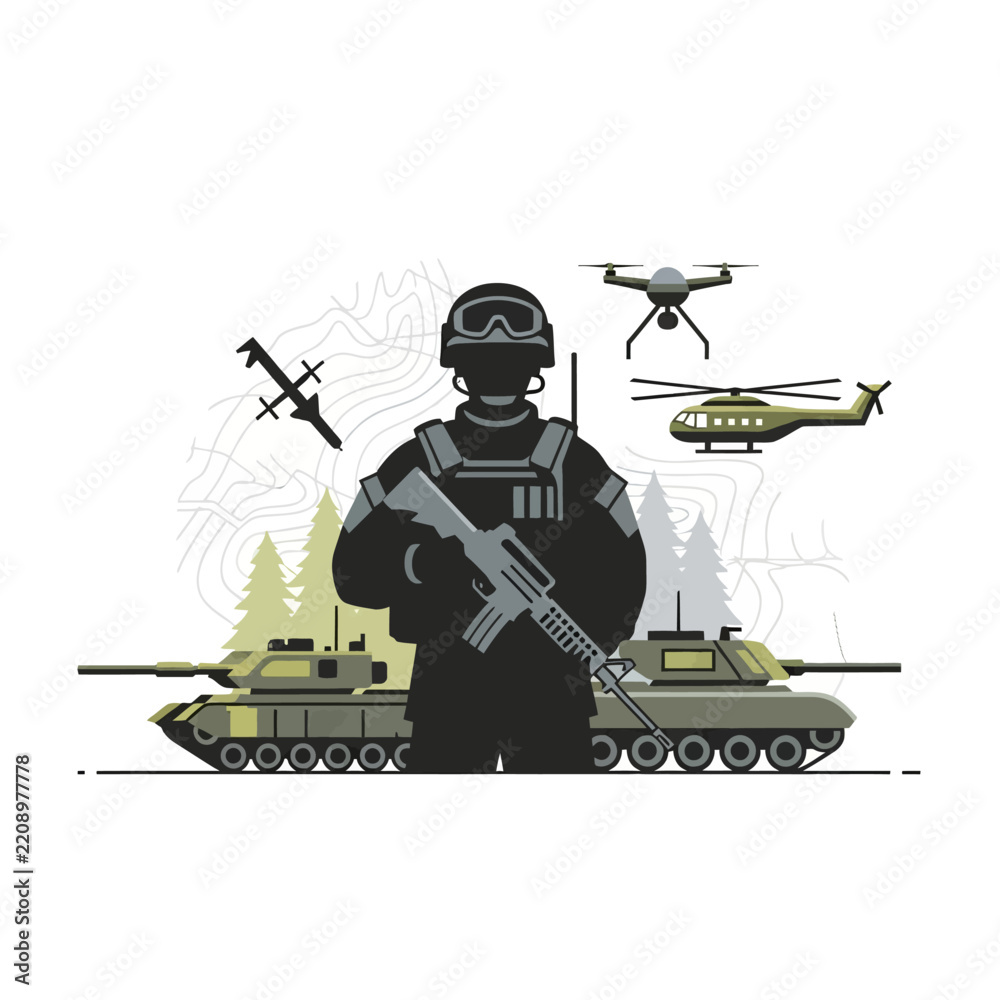 Obraz premium Modern Military Soldier, Drone, Helicopter, Fighter Jet, Tanks - Vector Art