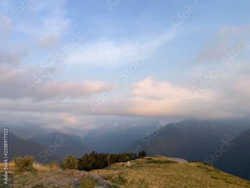 Pyrenees mountains landscape with morning clouds, Saint Aventin, France