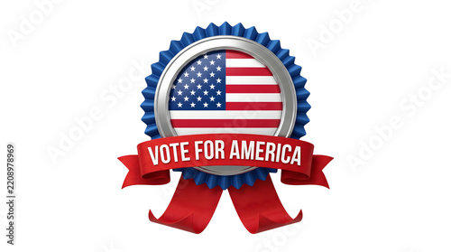 Patriotic Vote for America rosette badge with American flag and red ribbon on a dark black background for elections