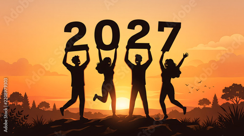 Silhouettes of people holding 2027 numbers on a hilltop at sunset symbolizing new year celebration and teamwork