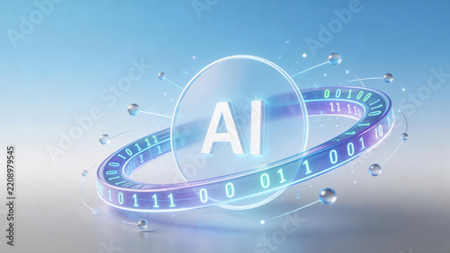 Artificial intelligence AI concept glowing futuristic digital background featuring pale blue and silver gradients with floating neon data codes and quantum particles.