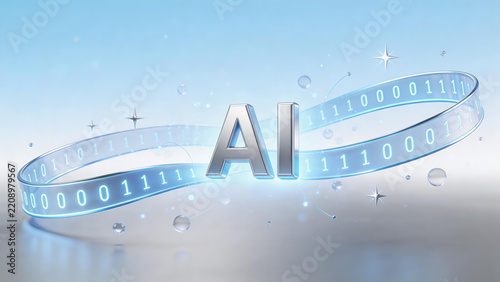 Artificial intelligence AI concept glowing futuristic digital background featuring pale blue and silver gradients with floating neon data codes and quantum particles.