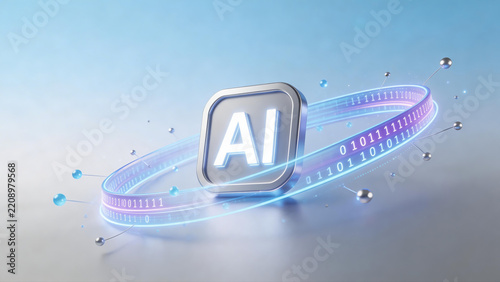 Artificial intelligence AI concept glowing futuristic digital background featuring pale blue and silver gradients with floating neon data codes and quantum particles.