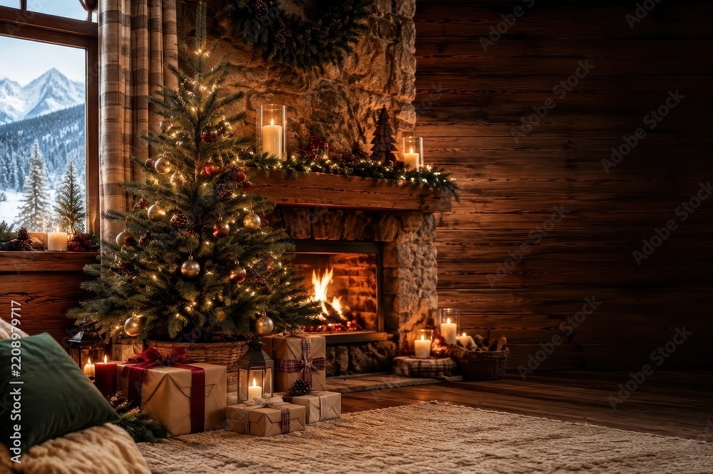 Obraz premium Cozy rustic Christmas cabin interior with glowing fireplace
