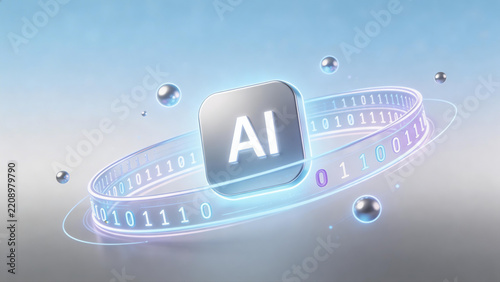 Artificial intelligence AI concept glowing futuristic digital background featuring pale blue and silver gradients with floating neon data codes and quantum particles.
