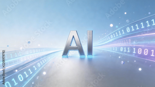 Artificial intelligence AI concept glowing futuristic digital background featuring pale blue and silver gradients with floating neon data codes and quantum particles.