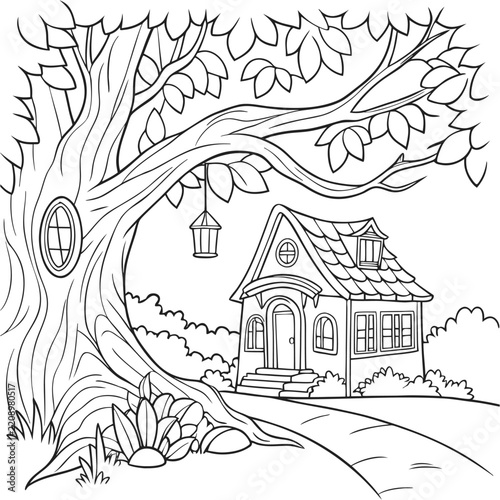Mini fairytale house under a giant and hanging lantern vector illustration 