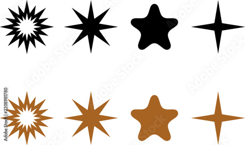 A collection of various star shapes and sparkle icons in black and brown colors isolated on a plain white background for graphic design