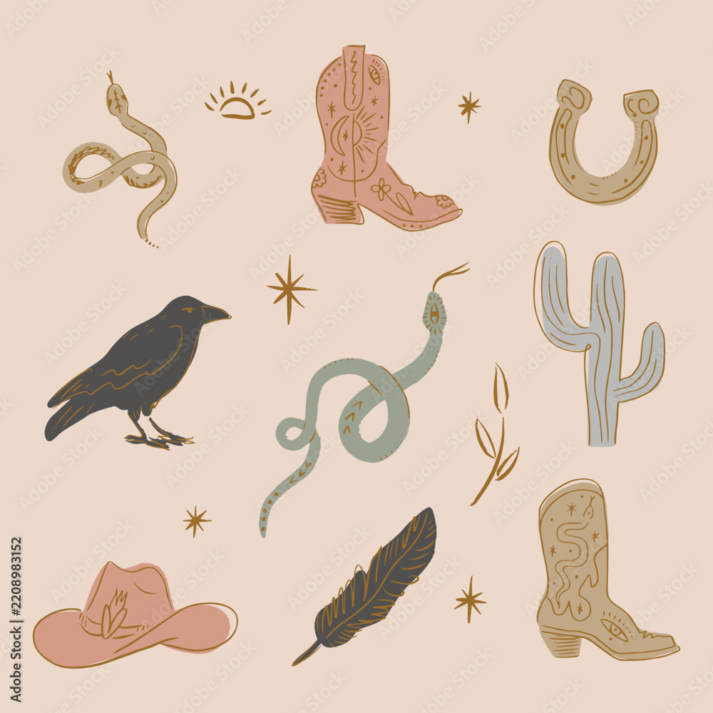 Obraz premium Mystical raven bird clipart set featuring snakes, decorated cowboy boots, hat, feather, horseshoe, cactus, sunburst and celestial stars in western vector illustration bundle