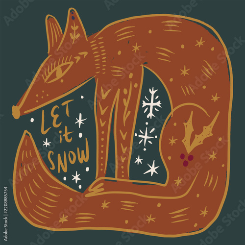 Cute whimsical weirdcore mystical celestial fox with let it snow lettering, snowflakes, christmas holly berries, and celestial stars in folk art winter vector illustration
