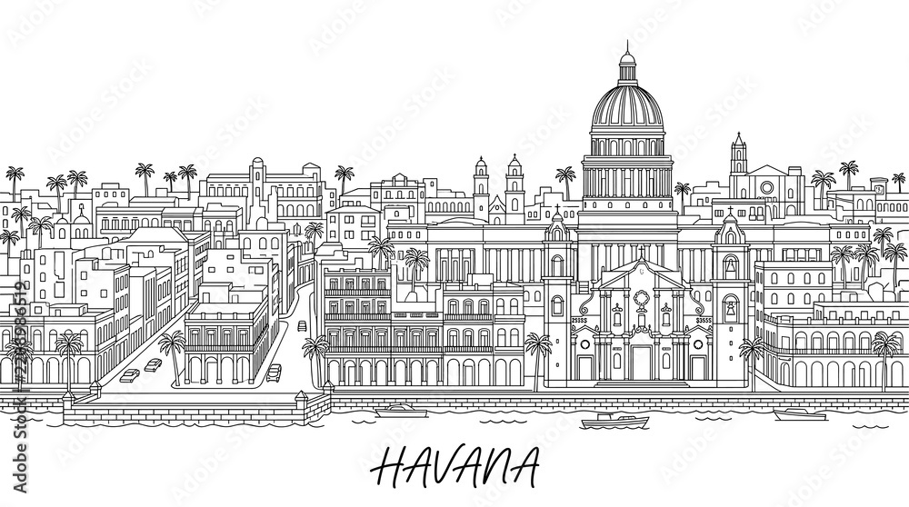 Obraz premium Havana Cityscape Drawing: Capitol Building, Architecture, Skyline, Cuba