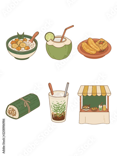 Indonesian ramadan takjil icon set flat vector kolak and es cendol