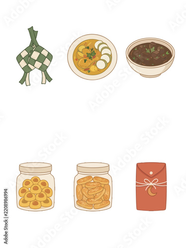 Lebaran eid al-fitr indonesian food icon set flat vector