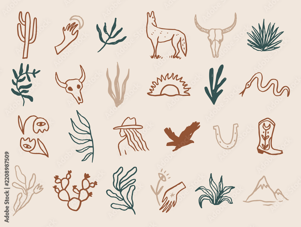 Obraz premium Custom handmade mystical western desert clipart set featuring wolf, bull skull, cowgirl, boot, horseshoe, snake, eagle bird, cacti, mountains, rising sun and celestial hands rustic vector illustration